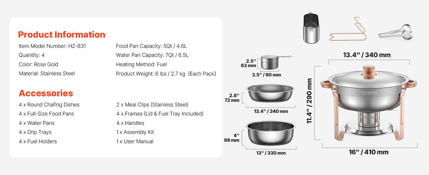 SucceBuy 5 Qt 4 Pack Chafing Dish Buffet Set Round Catering Warmer Server w/Lid Water Pan Folding Stand Clip for Wedding Party