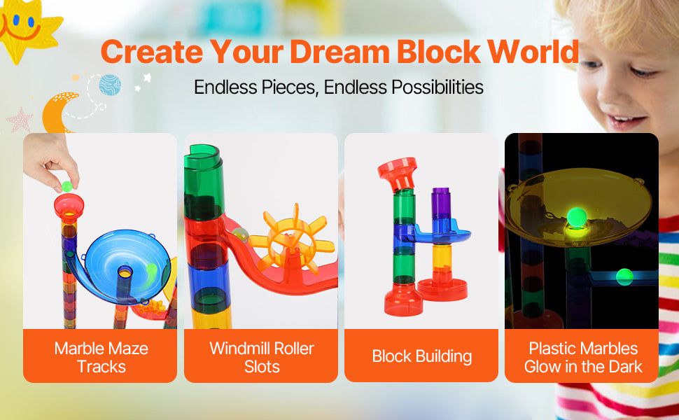 SucceBuy 150PCs Marble Run Set Marble Maze Building Block Brain Game 10 Glow in the Dark Marbles +40 Glass Marbles Track Toys