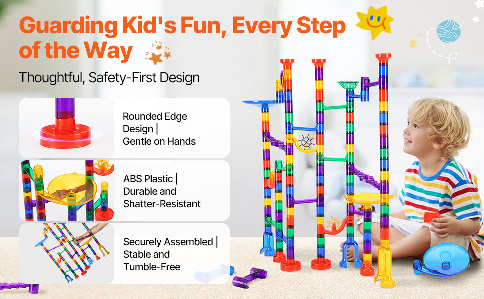 SucceBuy 150PCs Marble Run Set Marble Maze Building Block Brain Game 10 Glow in the Dark Marbles +40 Glass Marbles Track Toys