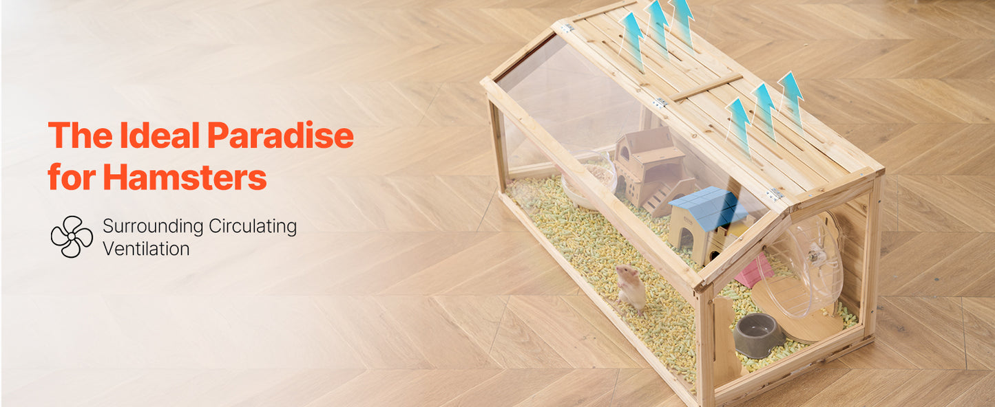 SucceBuy Wooden Hamster Cage 270° Viewing Hamster Habitat Hamster Cage with Openable Top Ventilated Animal Cage for Gerbils Mice