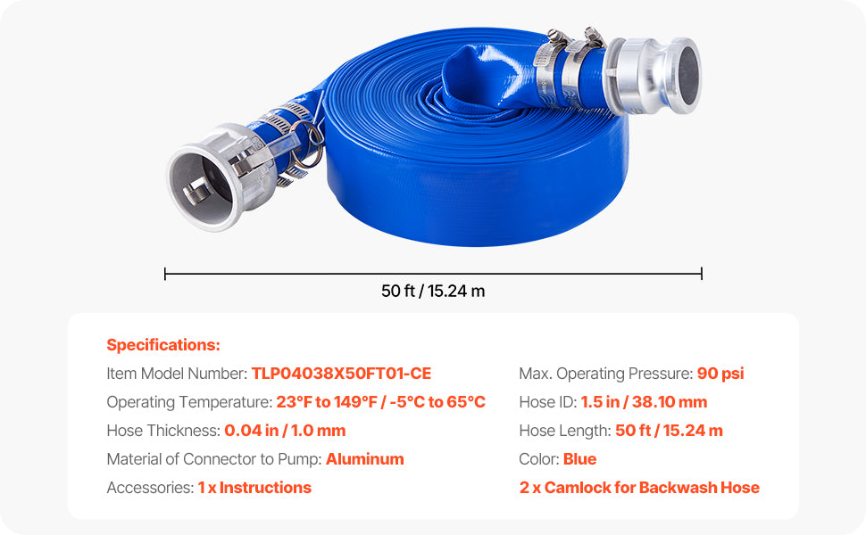 SucceBuy Backwash Hose 1.5in/2in/3in x 50ft/100ft PVC Hose with Clamps, Camlock, Aluminum Fittings, Fit Various Pumps Purposes