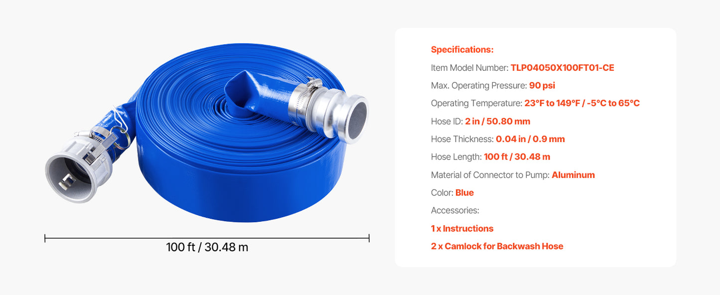 SucceBuy Backwash Hose 1.5in/2in/3in x 50ft/100ft PVC Hose with Clamps, Camlock, Aluminum Fittings, Fit Various Pumps Purposes