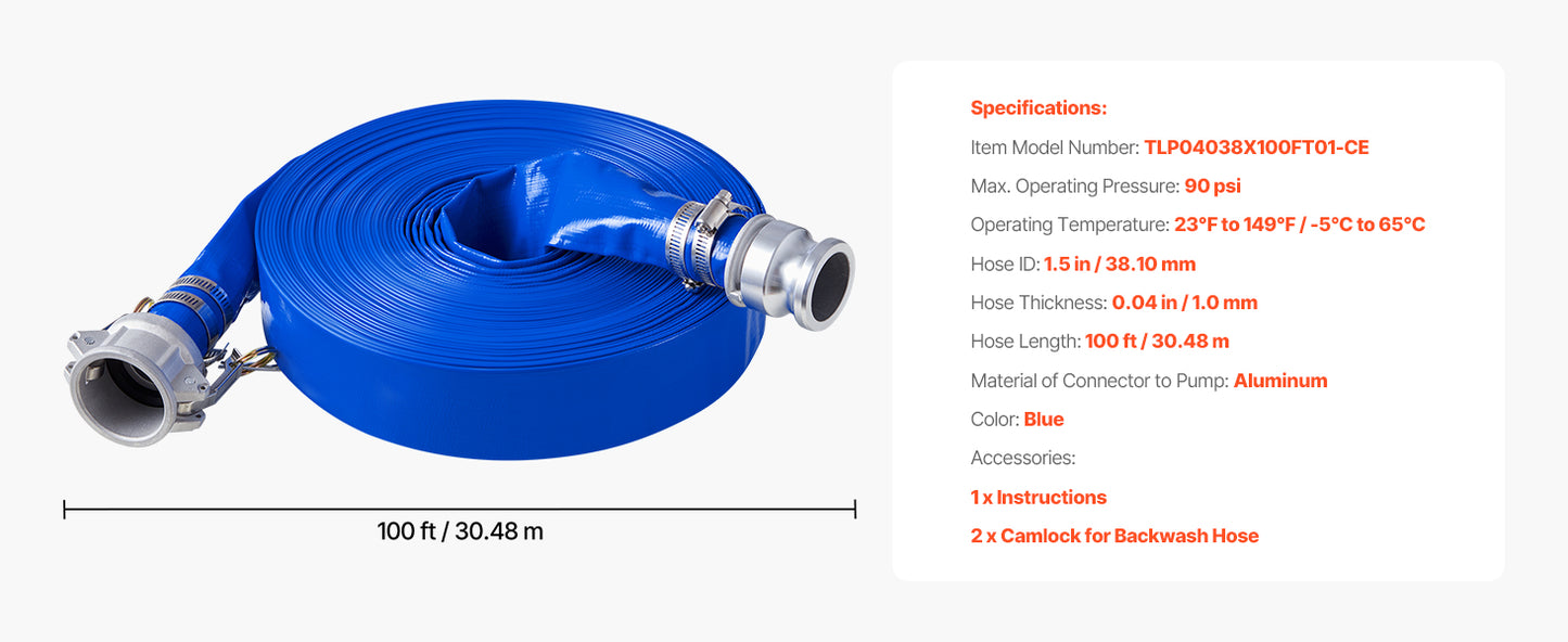 SucceBuy Backwash Hose 1.5in/2in/3in x 50ft/100ft PVC Hose with Clamps, Camlock, Aluminum Fittings, Fit Various Pumps Purposes
