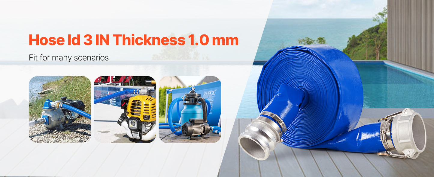 SucceBuy Backwash Hose 1.5in/2in/3in x 50ft/100ft PVC Hose with Clamps, Camlock, Aluminum Fittings, Fit Various Pumps Purposes