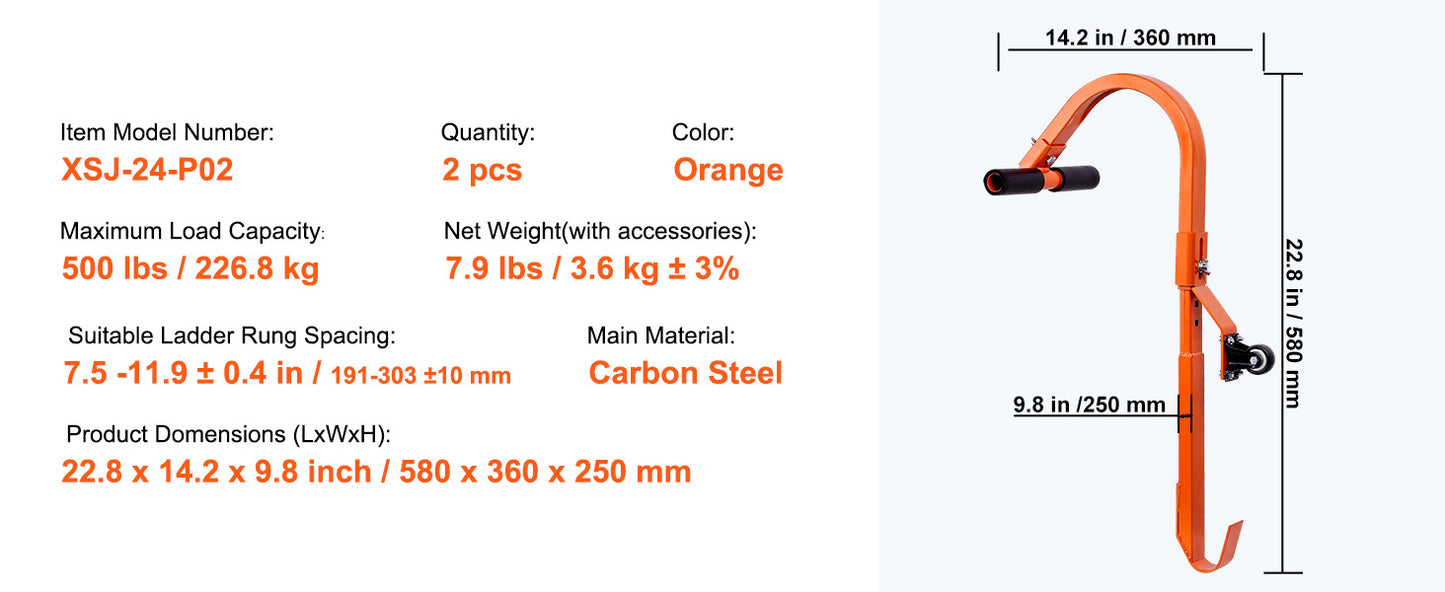 SucceBuy Orange/Black Ladder Roof Hook Heavy Duty Steel Ladder Stabilizer Roof Ridge Extension Rubber Grip T-Bar 500 lbs