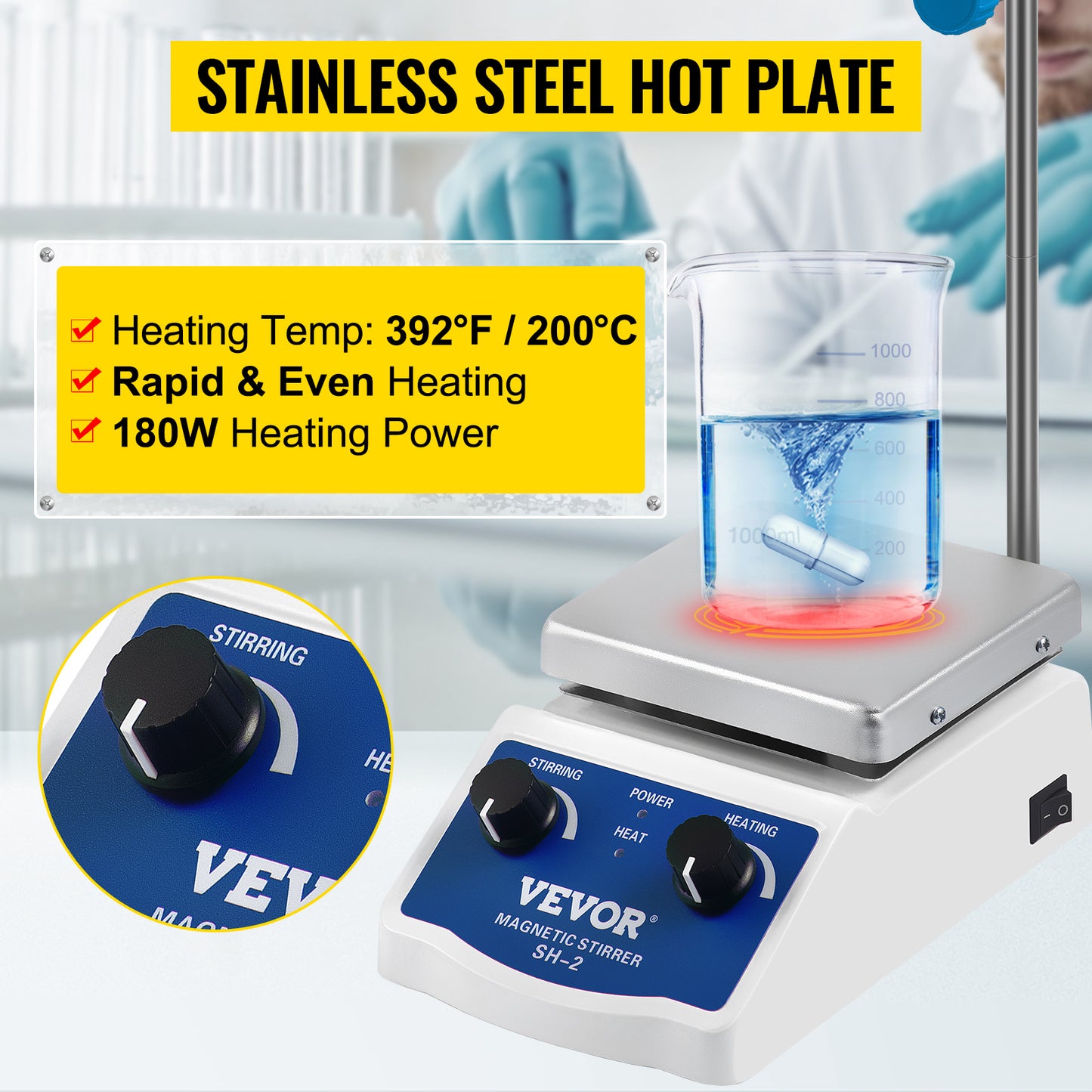 SucceBuy 1000ML Electric Magnetic Stirrer Hot Plate Vortex Mixer Shaker With Stir Bar Medical Bioloicgal Chemical Laboratory