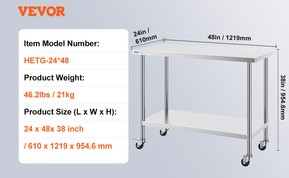 VEVOR Stainless Steel Work Prep Table with 4 Wheels 3 Adjustable Height Levels Heavy Duty Food Prep Worktable for Hotel Home