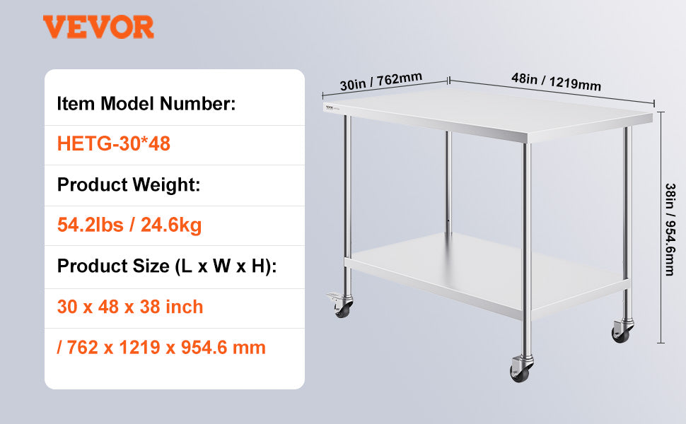 VEVOR Stainless Steel Work Prep Table with 4 Wheels 3 Adjustable Height Levels Heavy Duty Food Prep Worktable for Hotel Home