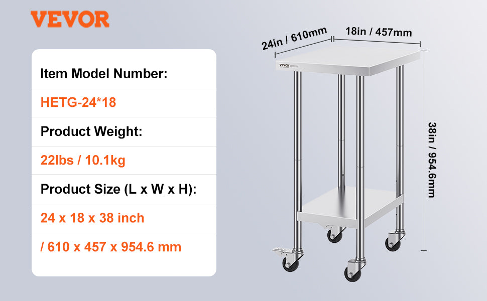 VEVOR Stainless Steel Work Prep Table with 4 Wheels 3 Adjustable Height Levels Heavy Duty Food Prep Worktable for Hotel Home