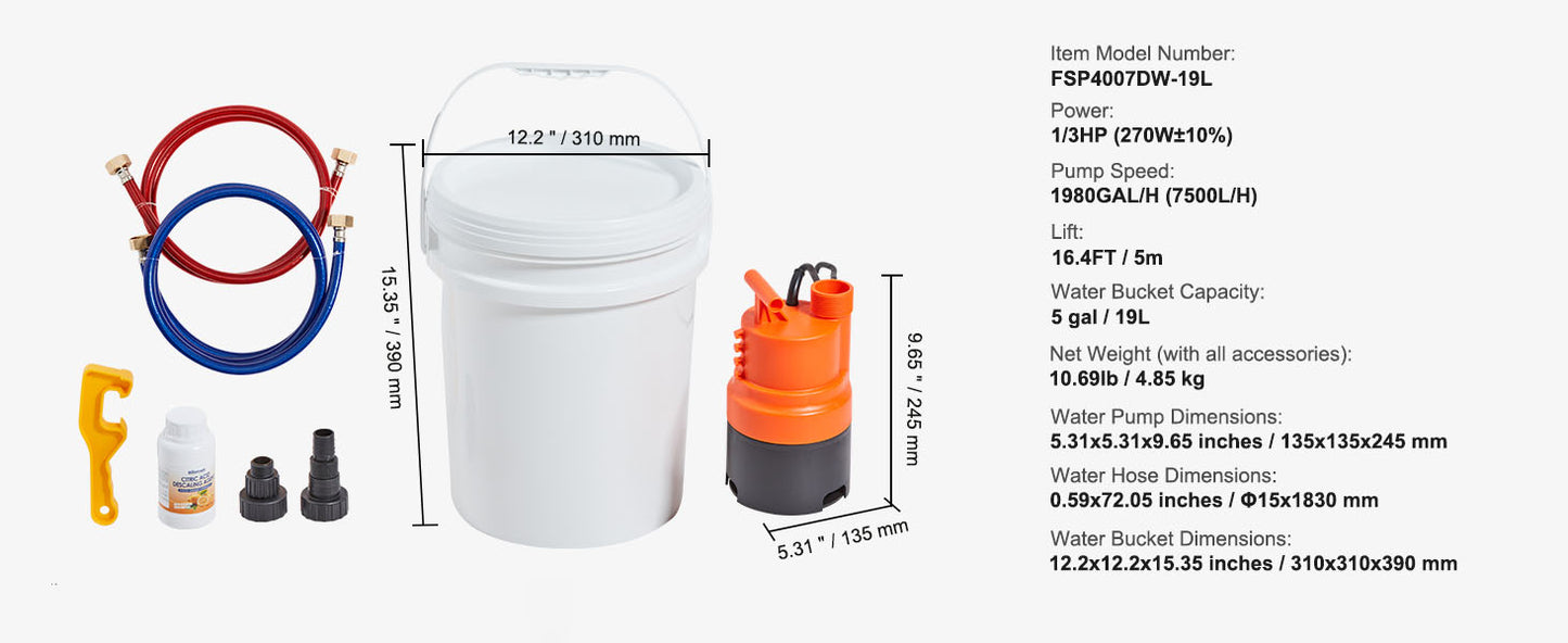 SucceBuy Tankless Water Heater Flushing Kit Includes Efficient Pump & 5 Gallon Pail & 2 Hoses & Descaling Powder Quick Instal